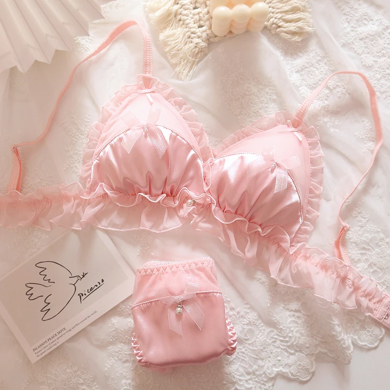 

French Kawaii Cup Pink Bra and Panty Set Beautiful Underwear for Women Girls Lolita Mesh Bra Panties Seethrough Lingerie Femme