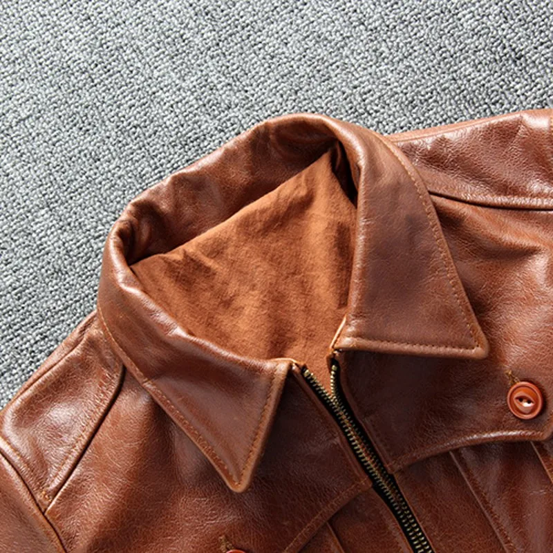 

Leather Vintage Genuine Cowhide Jacket Men Luxury Street Slim Fit Zipper Casual Outerwear Spring Autumn Business Short Coat