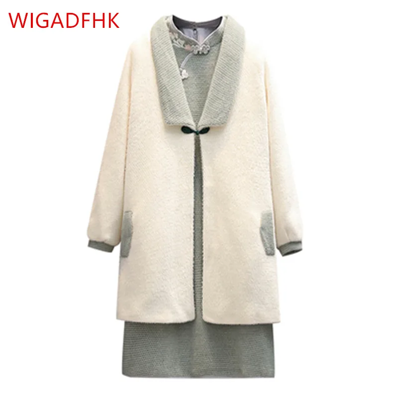 

High Quality Large Size L-4XL Elegant Suit Autumn And Winter Women's Retro Woolen Coat + Cheongsam Dress Fashion Two-piece Suit