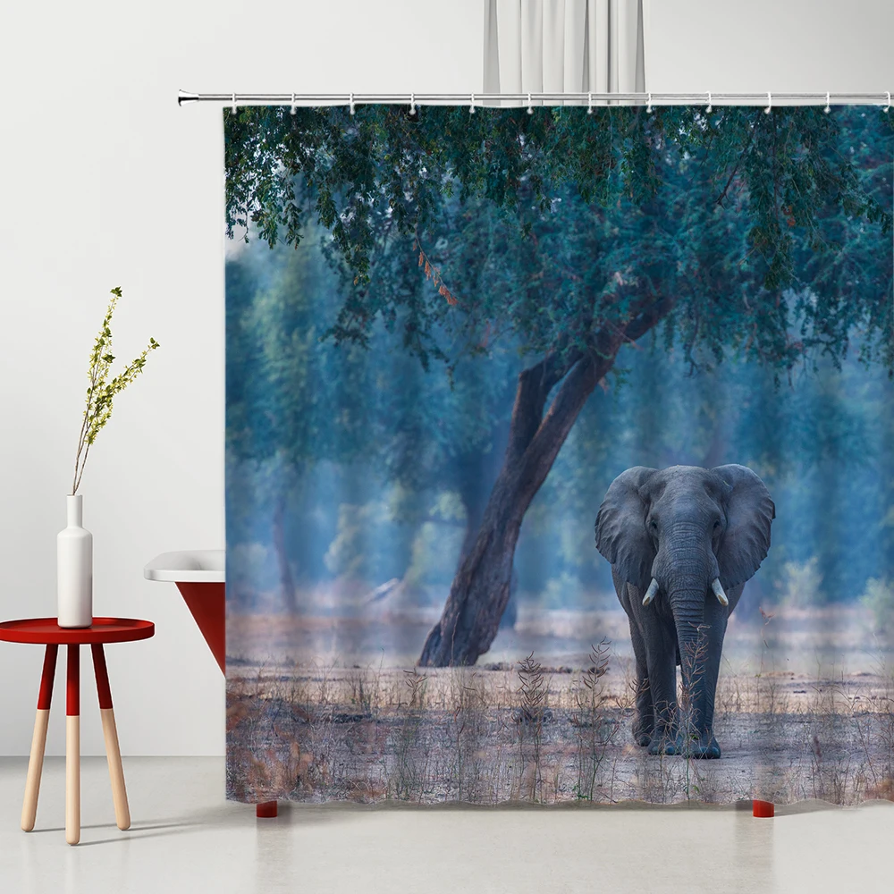 

African Elephant Shower Curtains Forest Wild Animal Pattern Printed Polyester Bathroom Decor Washable Bath Screen With Hook