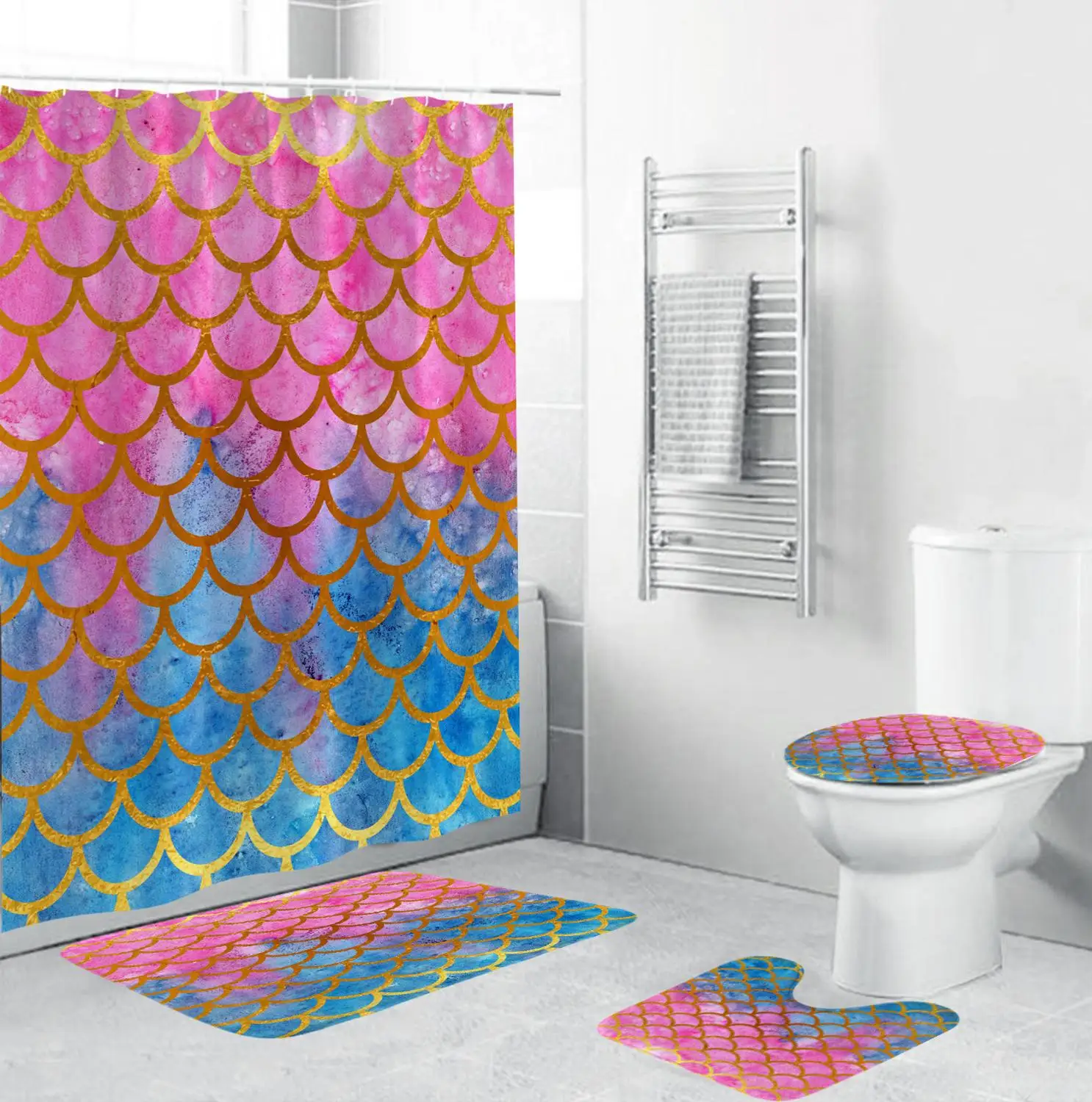 

Digital Printing Fish Scale Bathroom Shower Curtain 4 pcs Mat Shower Curtain Set rideaux de douche salle de bain T136