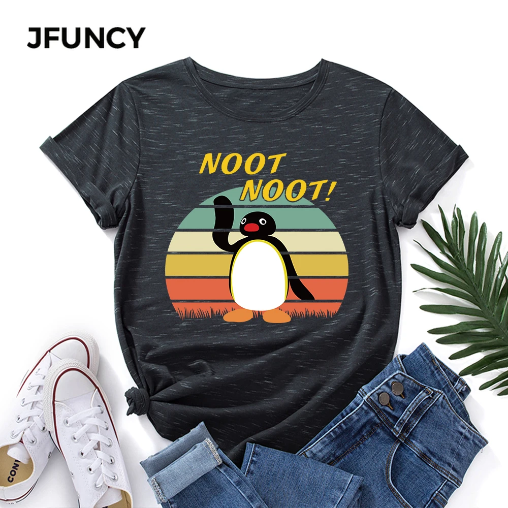 JFUNCY  Women T-shirt Female Short Sleeve T Shirt Funny Penguin Print Tops Woman Loose Shirts Summer Cotton Clothes