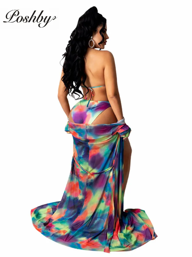 

Poshby Print Bikini 3 Piece Set 2021Summer WomenSexy Halter Low Waist Swimwear With Maxi Coat Fashion Beach Swimming Suits