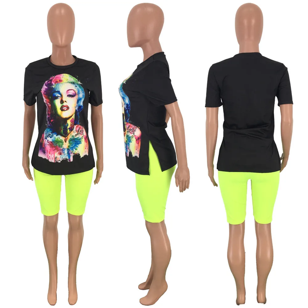 

Character Print 2 Piece Set Women Casual Tracksuit Festival Clothing T-shirt Top and Knee-length Pants Spring 2 Piece Outfits