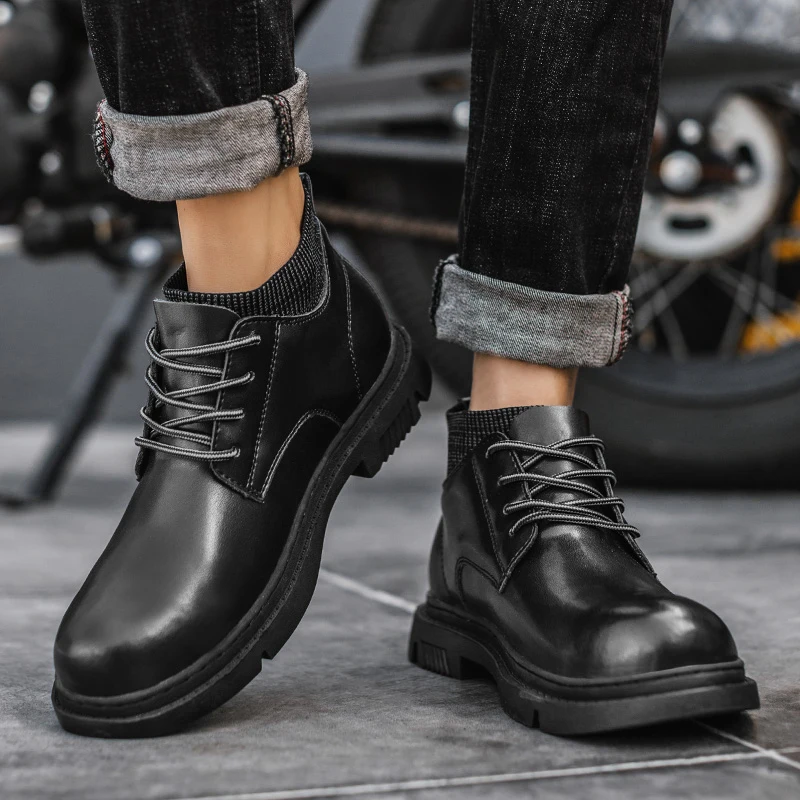 

CYYTL Leather Shoes Winter Men Boots Fashion Solid Color Leather Round Toe Western Ankle Casual Work Safety Booties werkschoenen