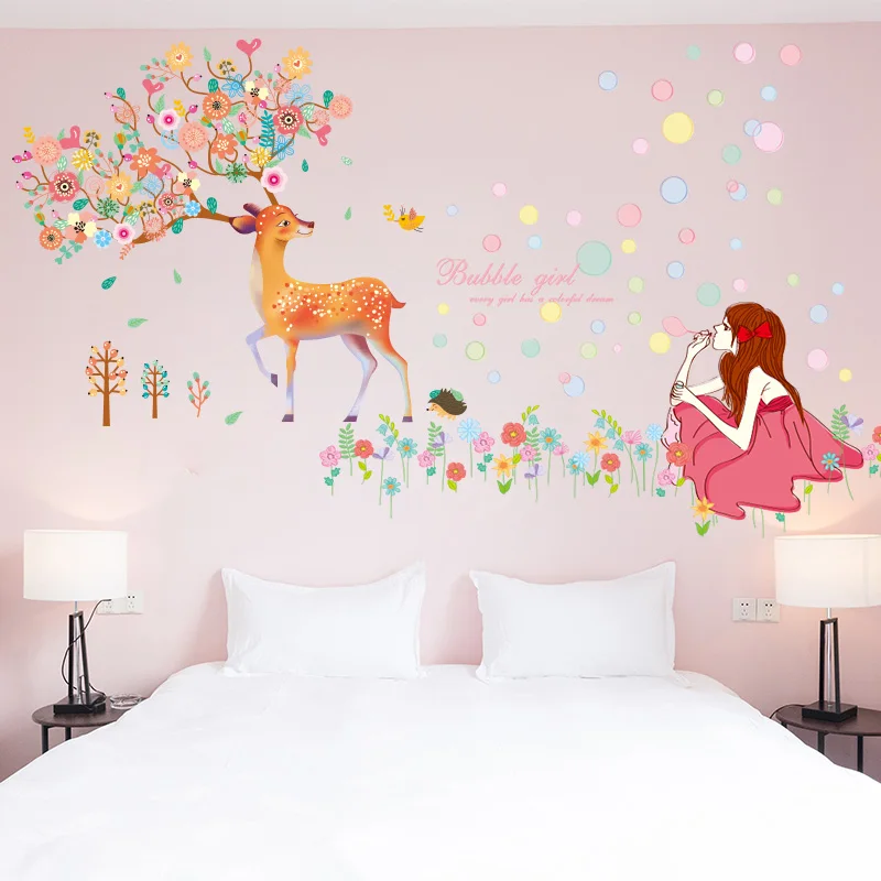 

[SHIJUEHEZI] Deer Animal Wall Sticker DIY Bubbles Girl Wall Decals for Kids Rooms Baby Bedroom Children Nursery House Decoration