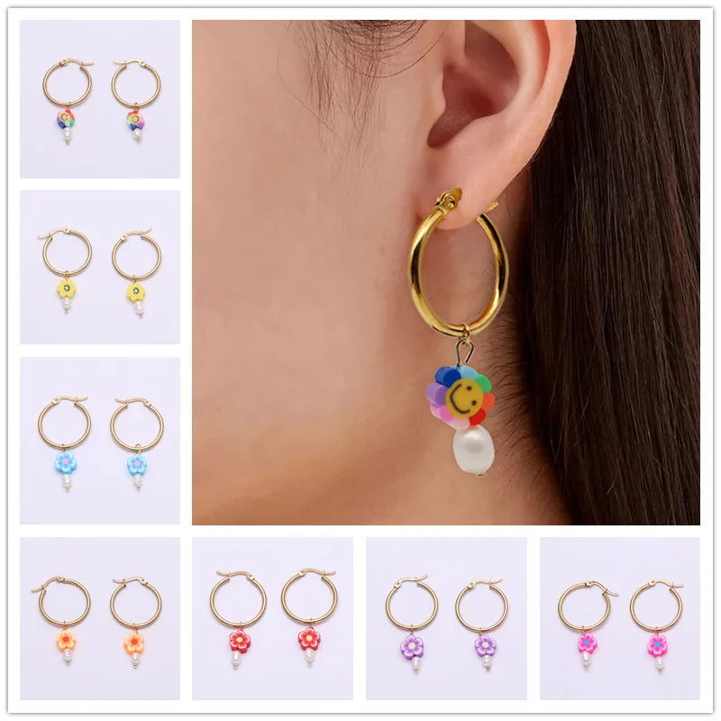 

Vintage Pearl Earrings For Women Color Soft Ceramics Pendant of Earring Bohemia floral Dangle Drop Earrings 2023 Fashion Jewelry