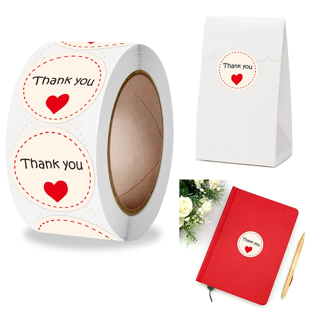 

500pcs/roll 2.5cm Red Love Thank You Stickers Envelope Gift Wrapping Merchandise Decoration Label Stationery Sticker
