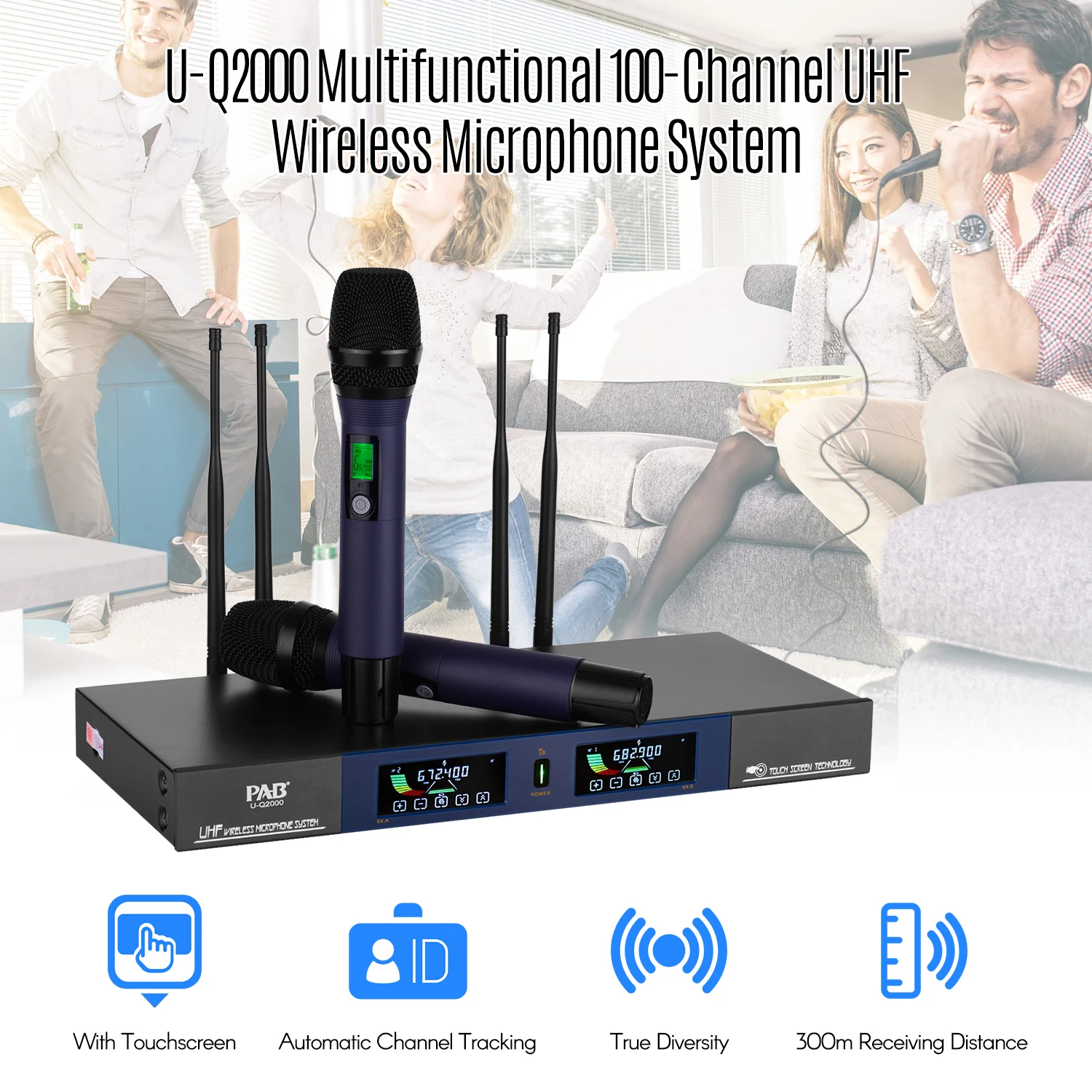 

PAB U-Q2000 Multifunctional 100-Channel UHF Wireless Microphone System True Diversity with Touchscreen