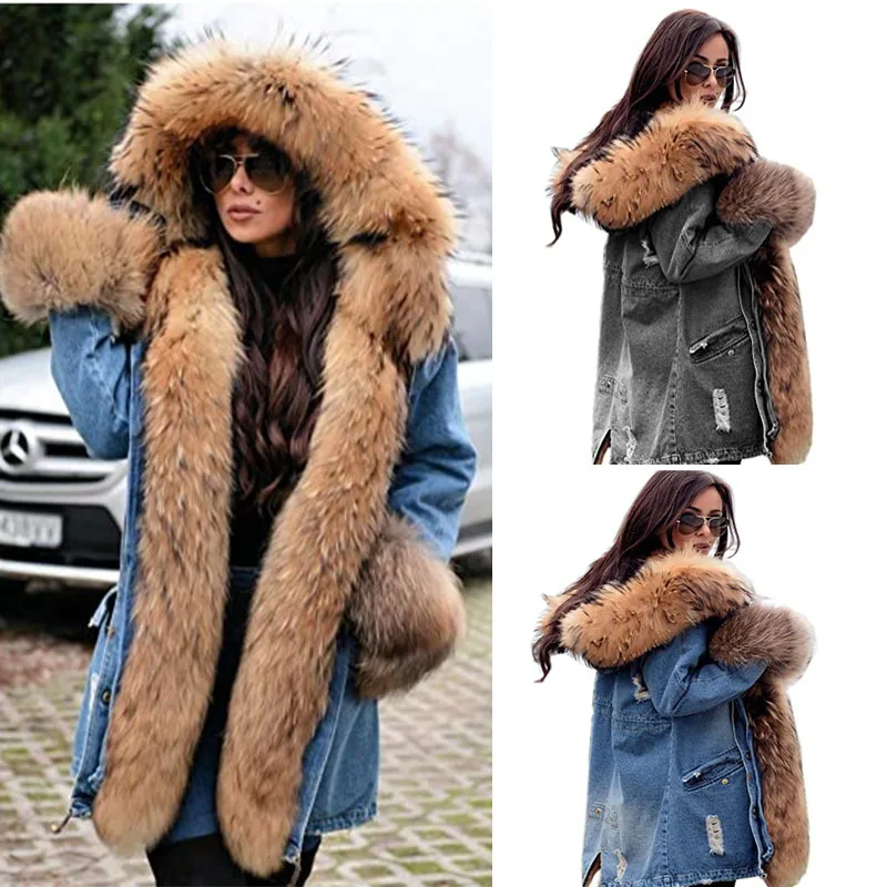 

Женское джинсовое пальто с большим меховым воротником, длинное теплое пальто в европейском и американском стиле ретро, 2021