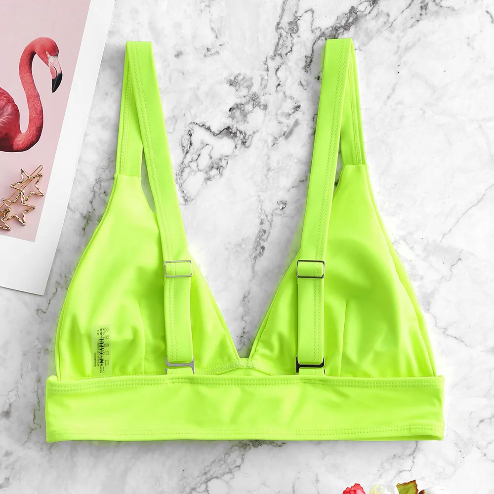 ZAFUL Push Buckle Neon Plunging Bikini Top For Women 2020 Solid Neck Padded Triangle Cup Green Yellow | Спорт и развлечения
