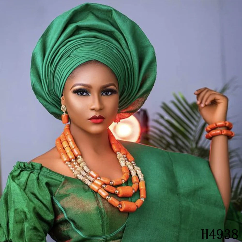 

2021 New Style African Aso Oke Gele High Quality Nigeria Sego Headtie Pure Color For Asoebi Party Wedding Headwear 2pcs HJ4938