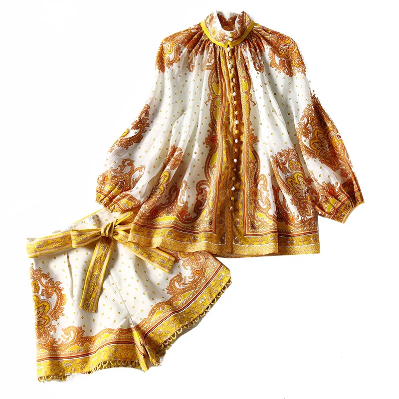 

2021 Spring Printing European and American Shirt Cardigan Ladies Hemp Long Sleeve Yellow Temperament Commuting Slim Women's Wear