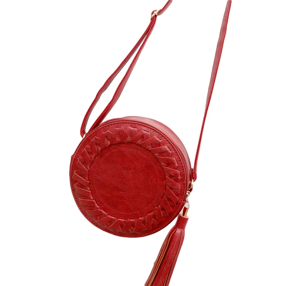 Модная женская круглая однотонная сумка с кисточками через плечо регулируемым