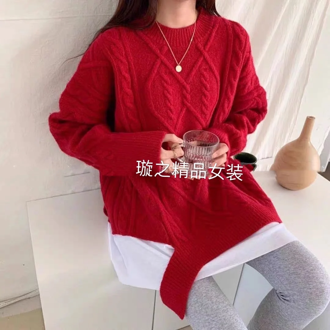 

JXMYY Autumn and winter women's new pullover sweater Korean loose wild lazy wind hole fake two-piece sweater Europe and America