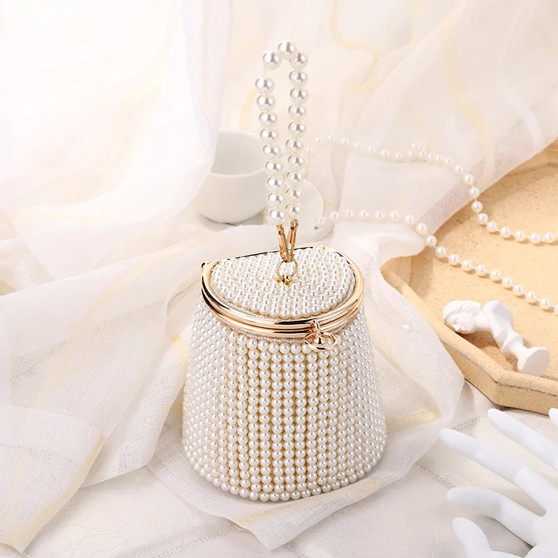 

New Bucket Design Women's Evening Bag Beaded Stand Day Clutch Pearl Wedding Bridal Handbag Party Small Leather Bag Gift Giving