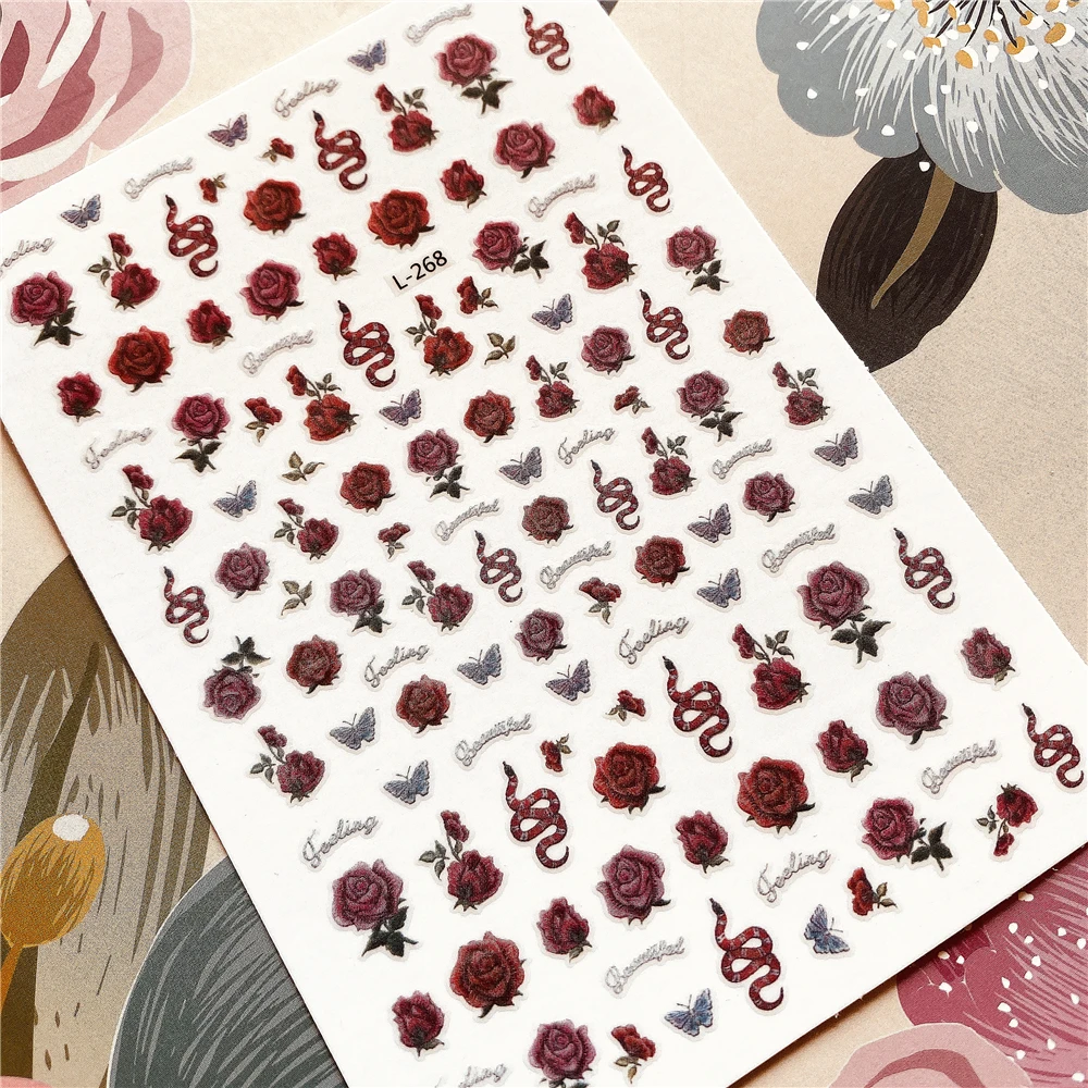 L-192-277 Angel flame fire Red rose flower 3D Back glue Nail decal sticker decoration art tool ornament | Красота и здоровье
