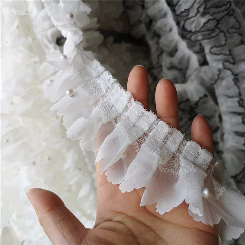 

20Yards Luxury White Beads Pleated Ruffle Lace Trim Fabric Ribbon Trimming Doll Dress Collar Decorative Sewing Guipure