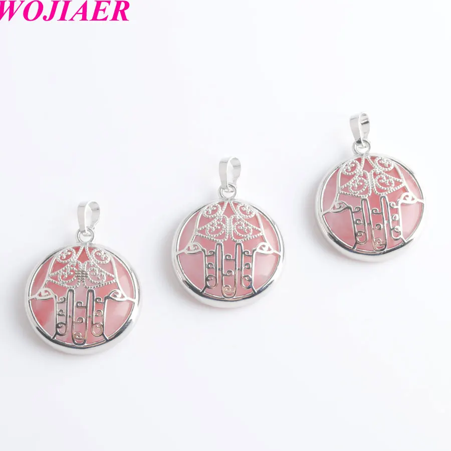 

WOJIAER Natural Stone Cabochon Crystal Pendants Watermelon Crystal Fatima Hamsa Hand Amulet Silver-color Charm Jewelry PW9024