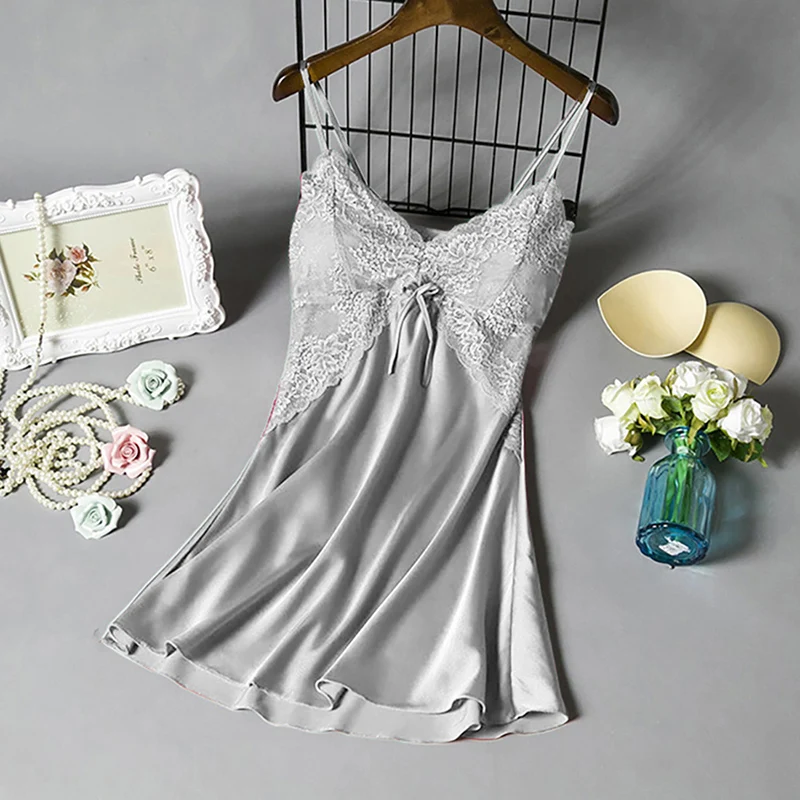 

2020 Women Sexy Nightgown Stain Sleepwear Dress V Neck Strappy Solid Nightwear Night Dress Female Clothes Mujer Vestido Lace