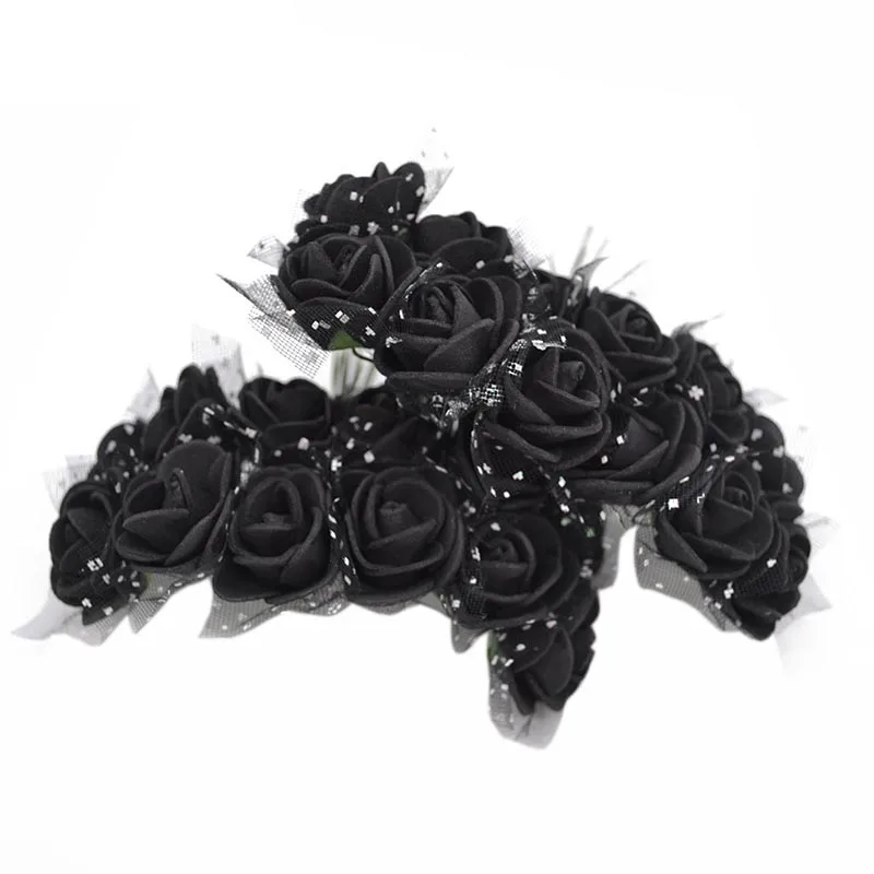 Silk black 72/144 шт 2 см мини ПЭ пена Роза ручной работы Искусственные цветы Домашнее свадебное украшение автомобиля DIY Скрапбукинг венок искусственный цветок - Цвет: Silk black