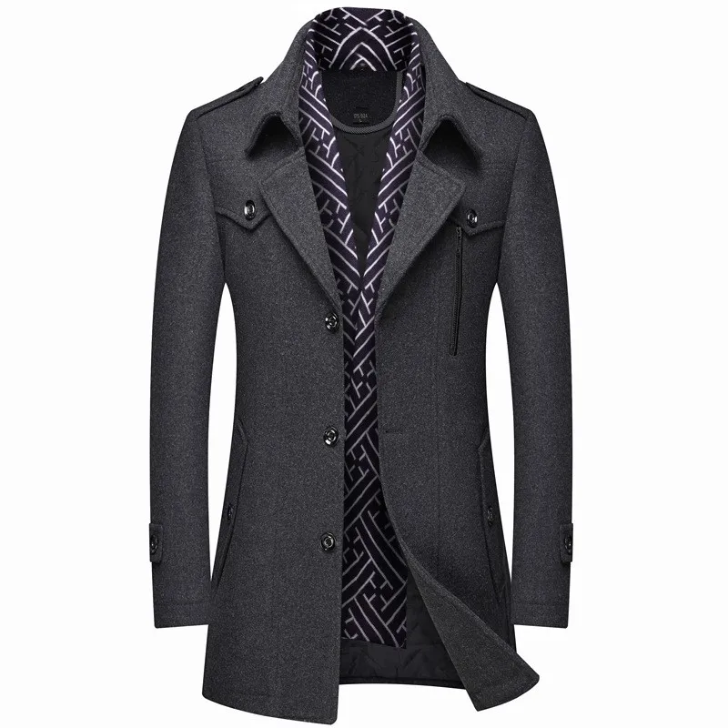 

Long Trench Coat Men Woolen Jacket Casual Solid Color Warm Thick Wool Blends Woolen Pea Coat England Overcoat Cappotto Uomo