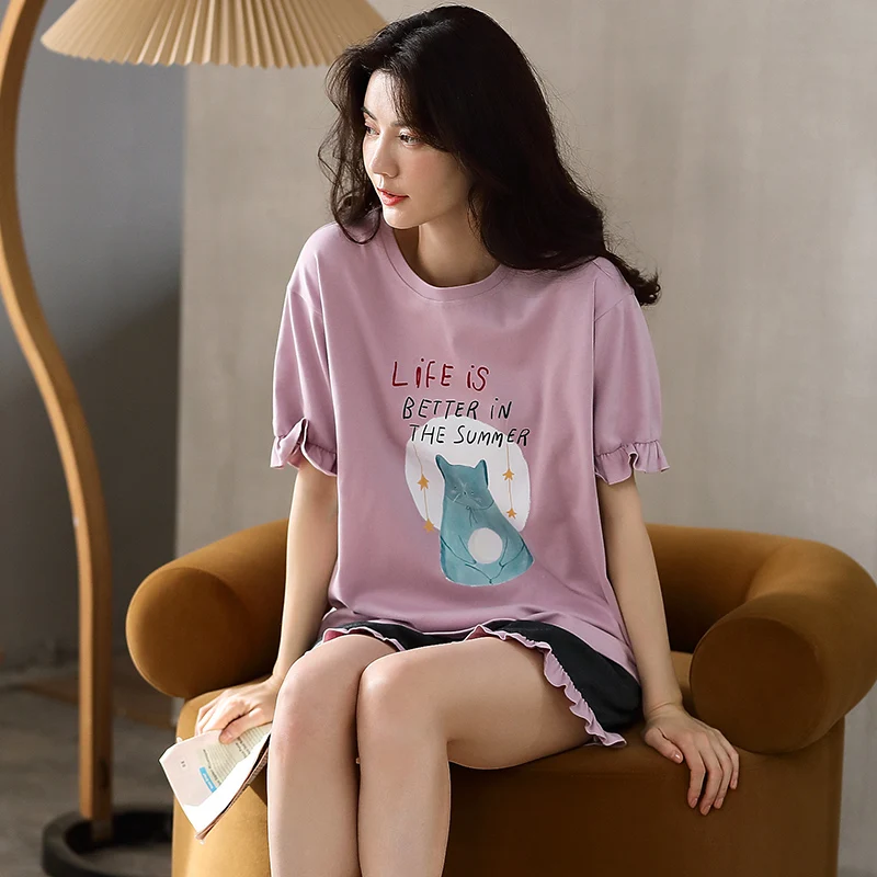 

Милый пижамный комплект для женщин Летняя мода в Корейском стиле с героями мультфильмов красивые фиолетовые туфли; Одежда для сна с коротки...