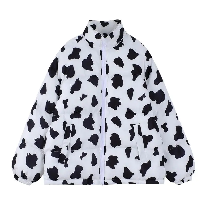 

Winter Cow Pattern Coat Women's Warm Thicken Oversized Puffer Parkas Jacket Bubble Harajuku Streetwear Loose Female Cotton Coat