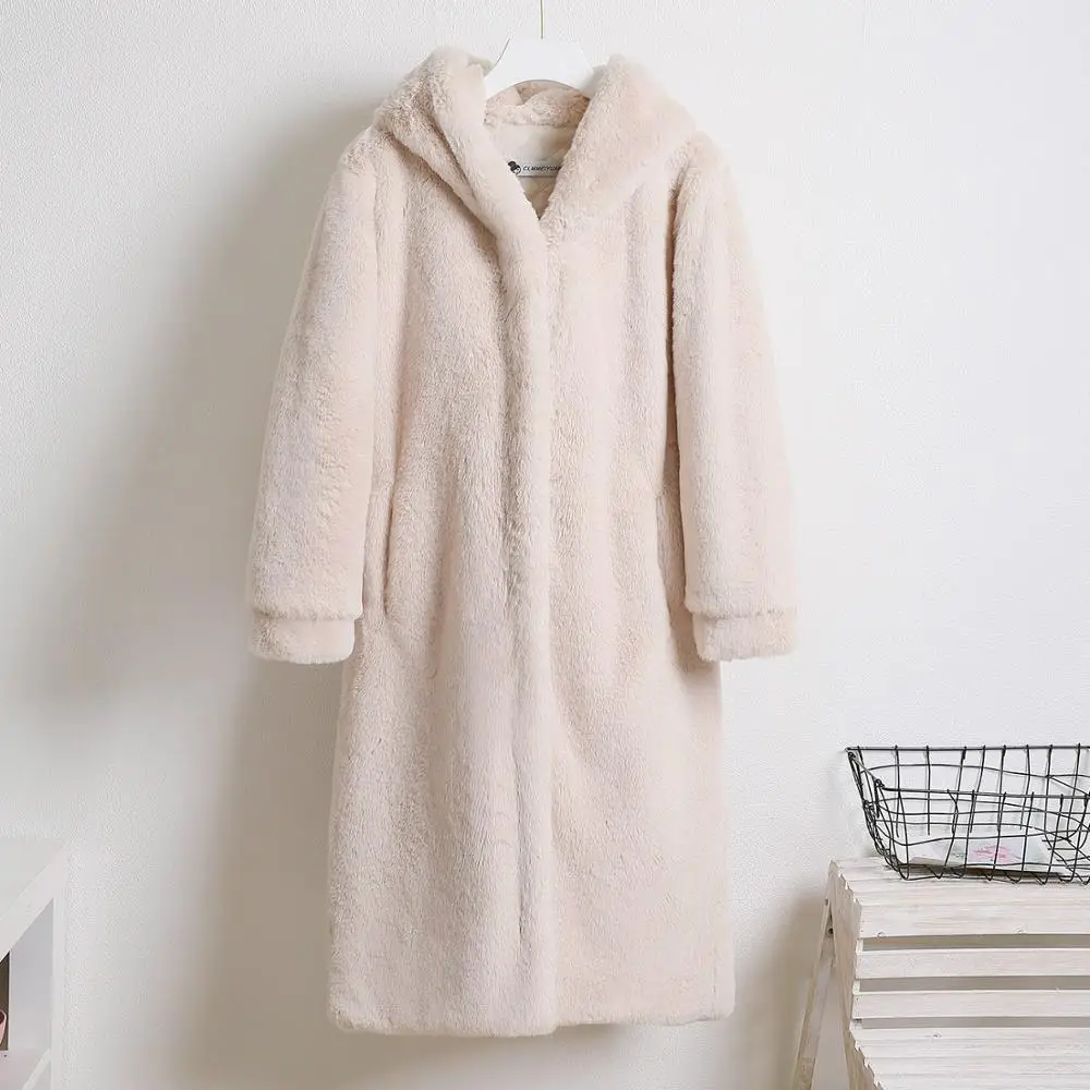 

Faux Fur Coat Women Winter High Quality Elegant Plush Hooded X-Long Mink Fur Coat Thicken Warm Overcoat Female