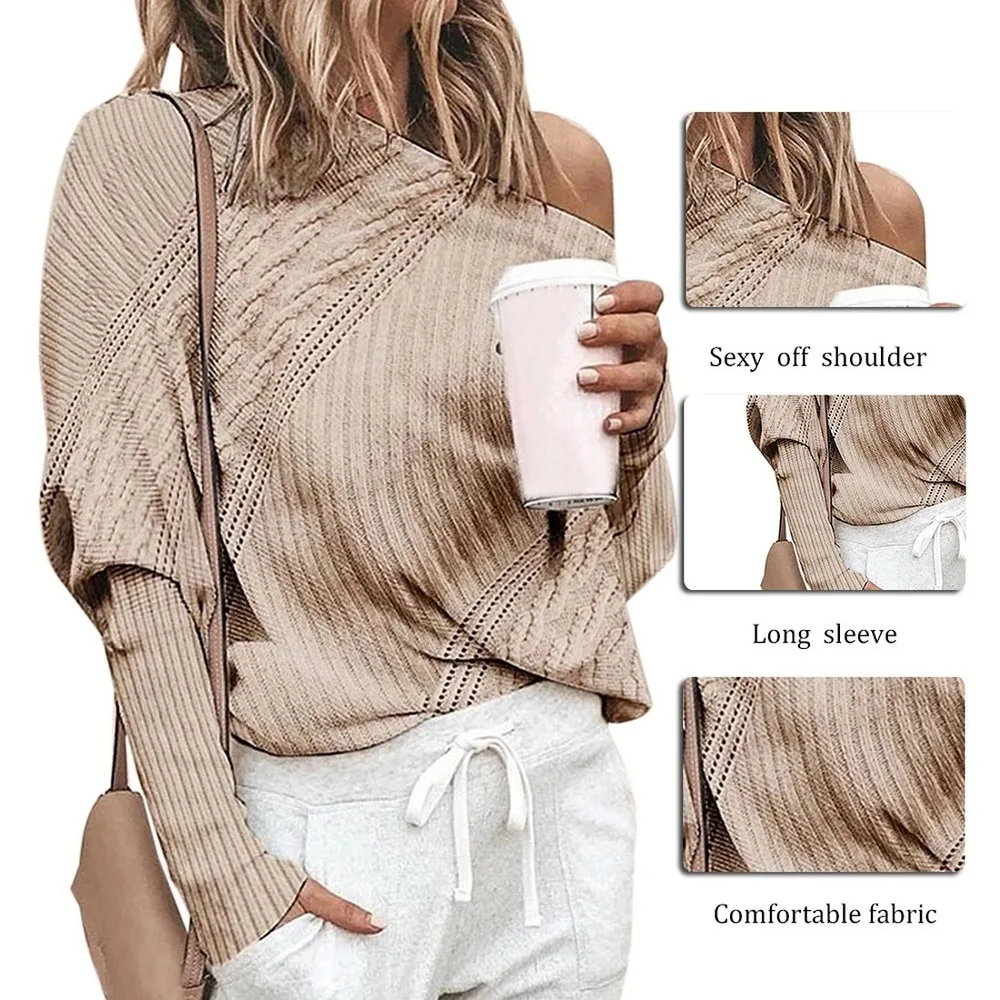 

Women's Sweaters Off Shoulder Knitted Autumn Women's Winter Costumes Solid Top Pullover Loose Long Sleeve Sweater Ladies Jumper