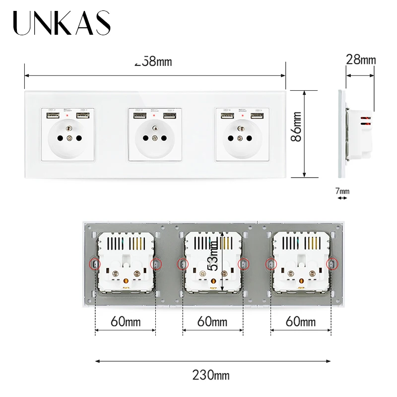 Сетевая розетка UNKAS с двумя USB-портами и ТВ разъемами RJ11 RJ45 258*86 мм | Обустройство