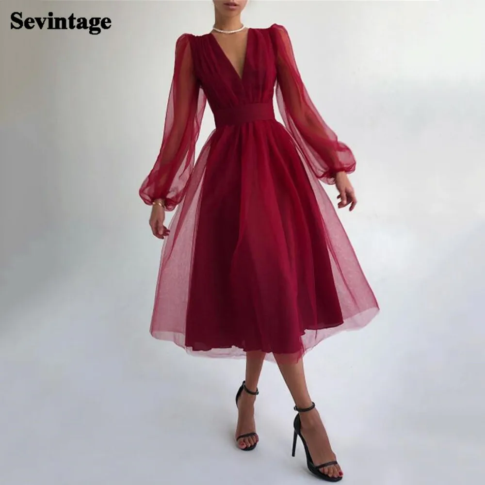 

Платье для выпускного вечера Sevintage, простое Длинное Пышное Платье с V-образным вырезом, короткое вечернее платья для вечера встречи выпускни...