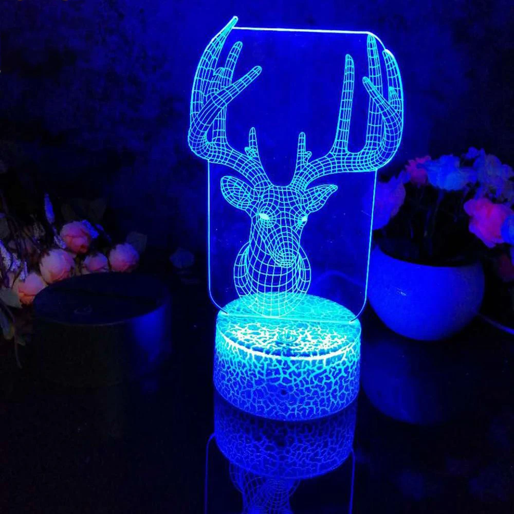 

Night Light Elk Head Pattern 3D Led Night Light Decoration Children Kids Gifts 7 Color Changing Visual Table Lamp