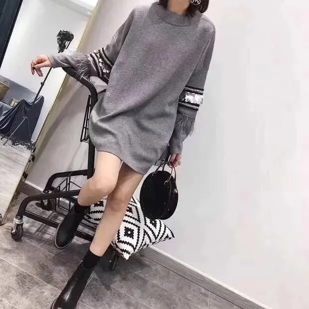 gray pullover Neploe осенне-зимний модный свитер, пуловер, Женская длинная рубашка, Свободный толстый джемпер с кисточками, расшитый блестками, вязаные свитера - Цвет: gray pullover