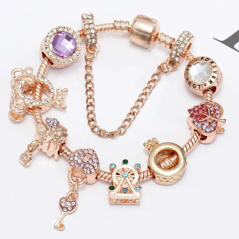 

New European and American Pandora's Charm Rose Series Princess Crown Pendant Lady Bracelet Free Combination DIY Beaded Jewelry