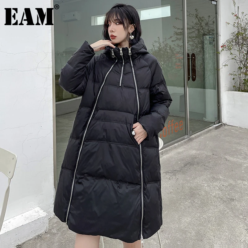 

[EAM] свободный пуховик на молнии большого размера, новые теплые женские парки с капюшоном и длинными рукавами, модные осенне-зимние 2021 1DE5789