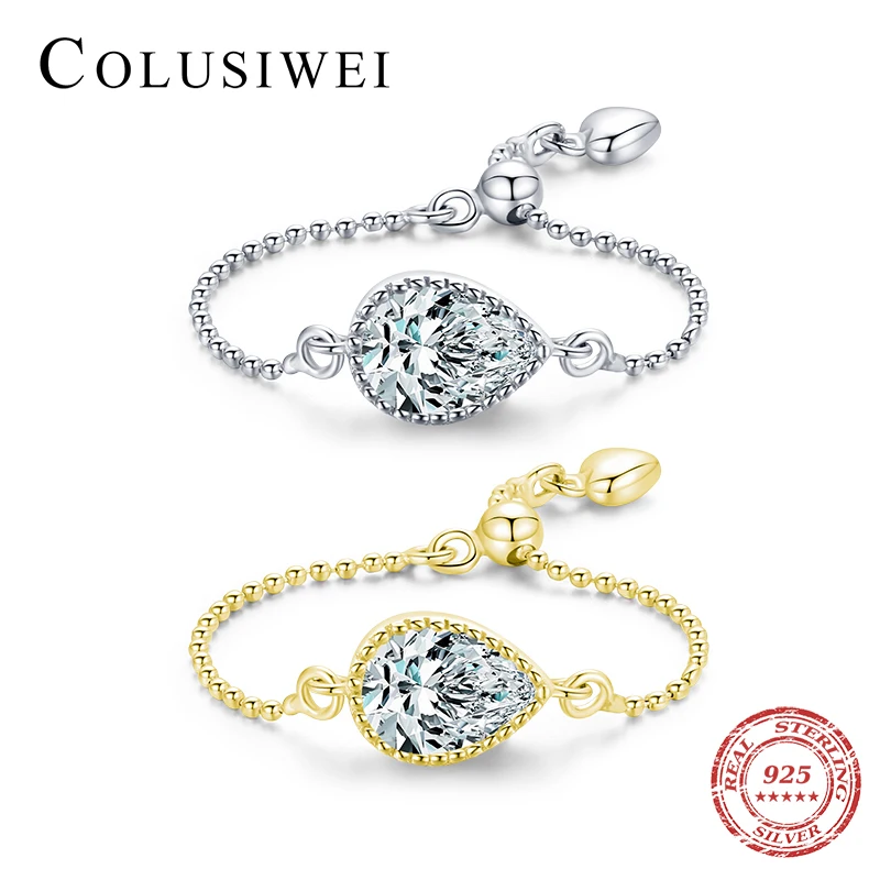 

COLUSIWEI Stylish Water Drop Clear CZ Beads Chain Adjustable Finger Ring For Women Wedding Engagemen Jewelry Accessories Anel