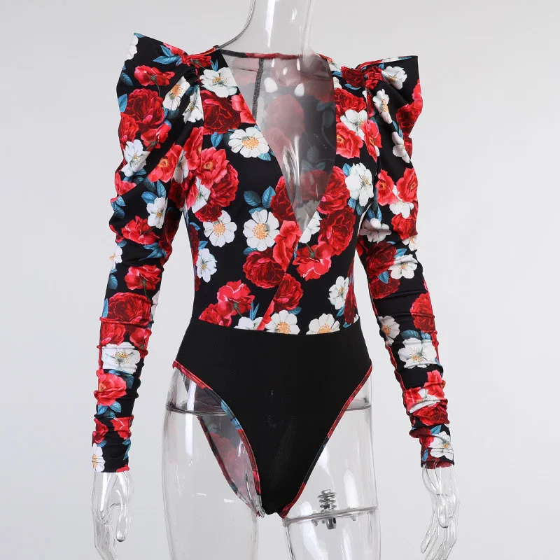 

2021 Spring Elegant Boho Print Bodysuits Rompers Women Jumpsuits Puff Sleeve Skinny Sexy V-neck Bodies Ladies Casual Overalls