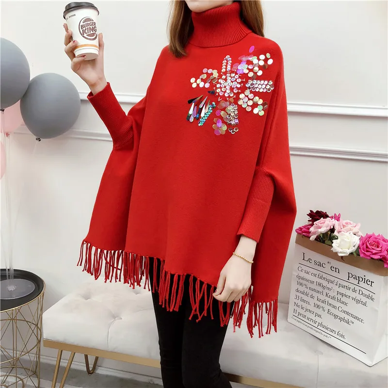 

2021 Women Autumn Winter Sweater Fashion Long Sleeve Warm Sequins Knitted Wrap Swing Turtleneck Christmas Sweaters Loose Shawl