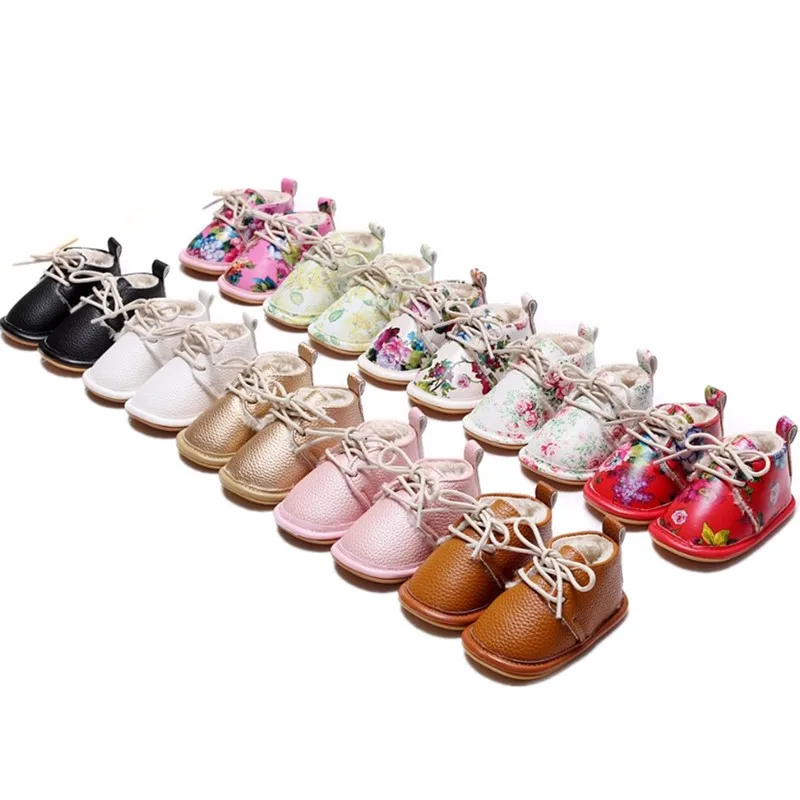 VIP Dropshiping lace up floral printing baby moccasins super warm PU leather fur winter baby shoes toddler girls boys snow boots