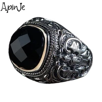 apinje big black stone ring for men real solid 925 silver vintage onyx thai rings biker men jewelry