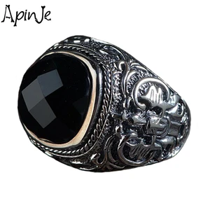 Apinje Big Black Stone Ring for Men Real Solid 925 Silver Vintage Onyx Thai Rings Biker Men Jewelry
