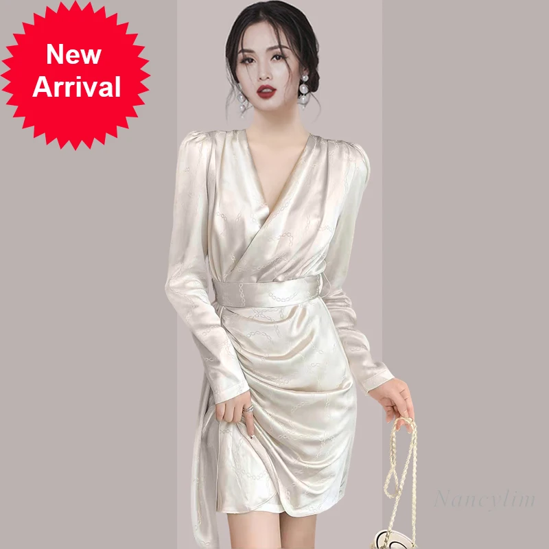 

V Neck Dress for Woman Light Luxury Temperament Sexy Birthday Party Dresses Spring Winter Long Sleeve Irregular Vestidos Femme