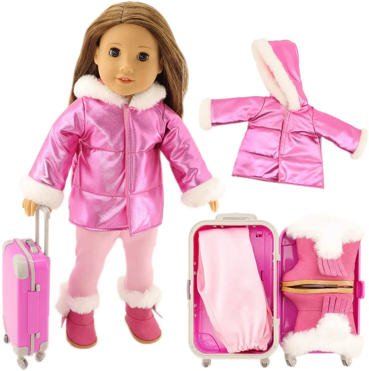 2021 American Doll Pink Suitcase Travel Carrier Storage Down Jacket Leggings and Boots Winter Clothes for Girl 18 Inch | Игрушки и хобби