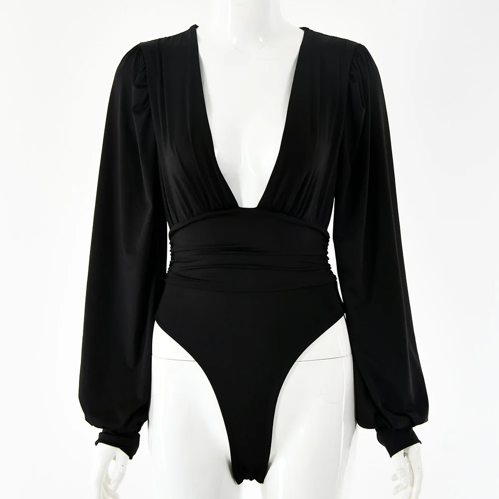 Sexy Women Bodysuit Long Sleeve Deep V Neck Bodycon Stretch Leotard Crop Top Button Short Romper Pajamas Women Jumpsuit Overalls