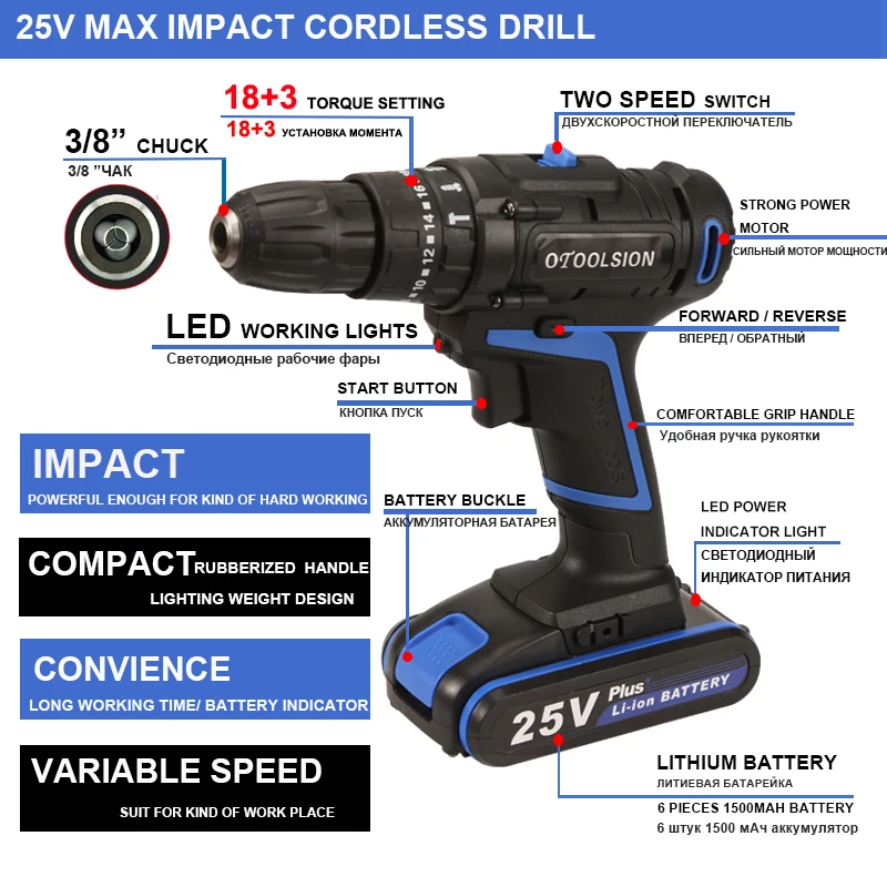 Бесщеточный шуруповерт 25 В с ударом, электрическая дрель 2 скорости, набор инструментов для сверления и закручивания на 38 аксессуаров.