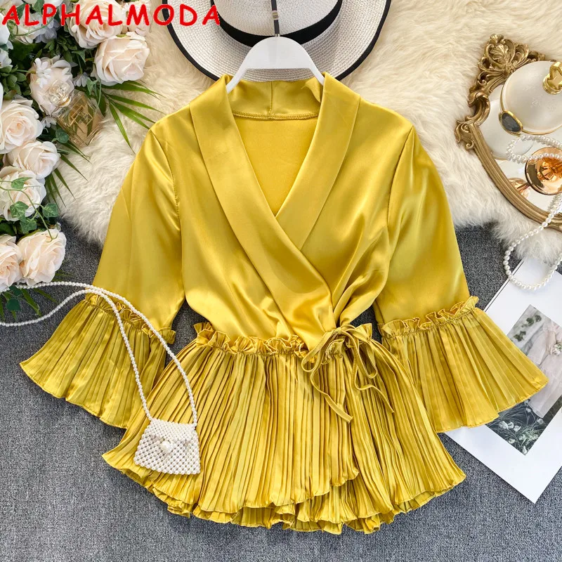 Женская плиссированная блузка ALPHALMODA с v-образным вырезом и рукавами-фонариками