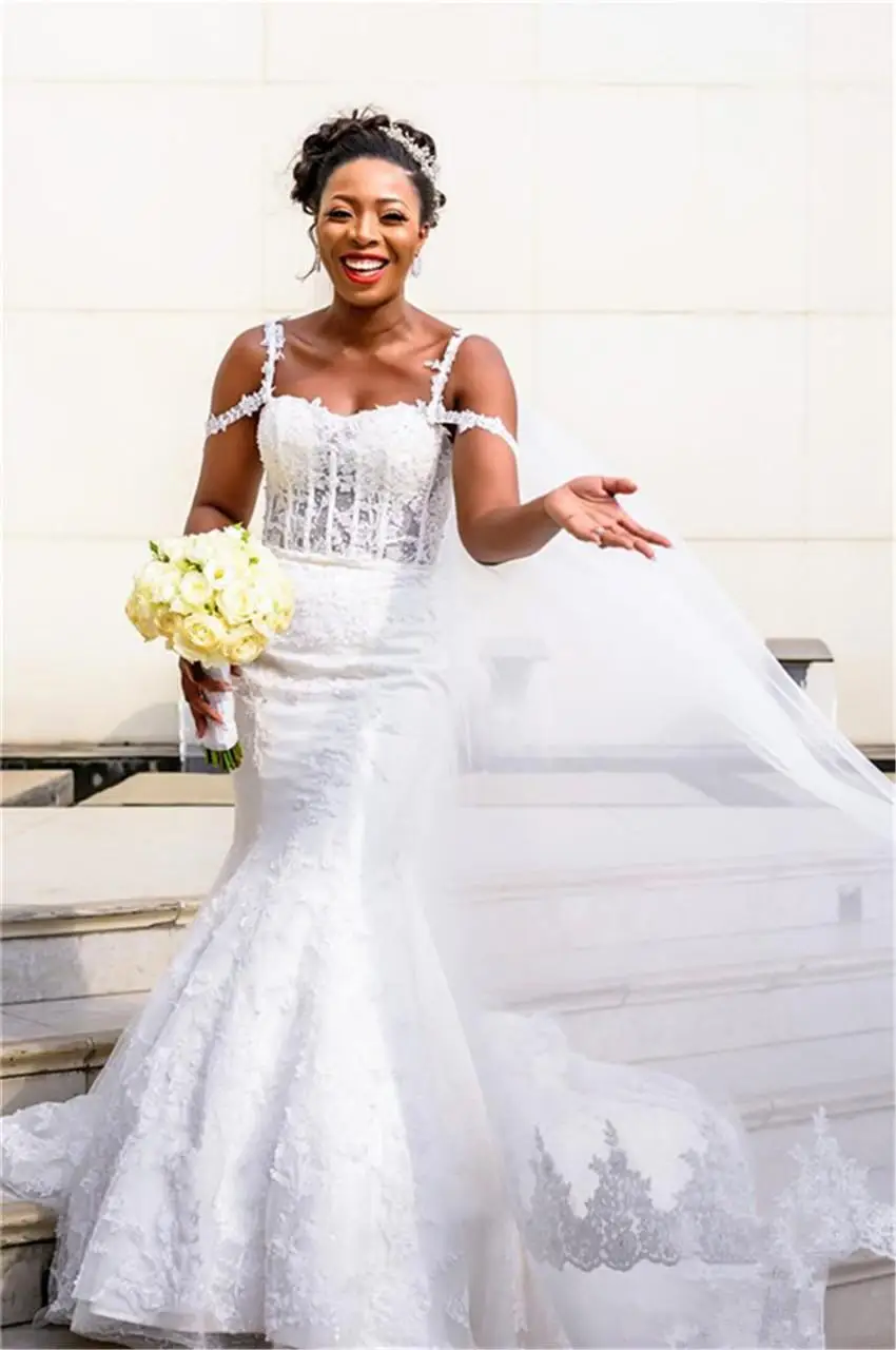 

YiMinpwp White Mermaid Wedding Dresses Spaghetti Sweep Train Lace Appliques Garden Country Bridal Gowns vestidos de novia Custom
