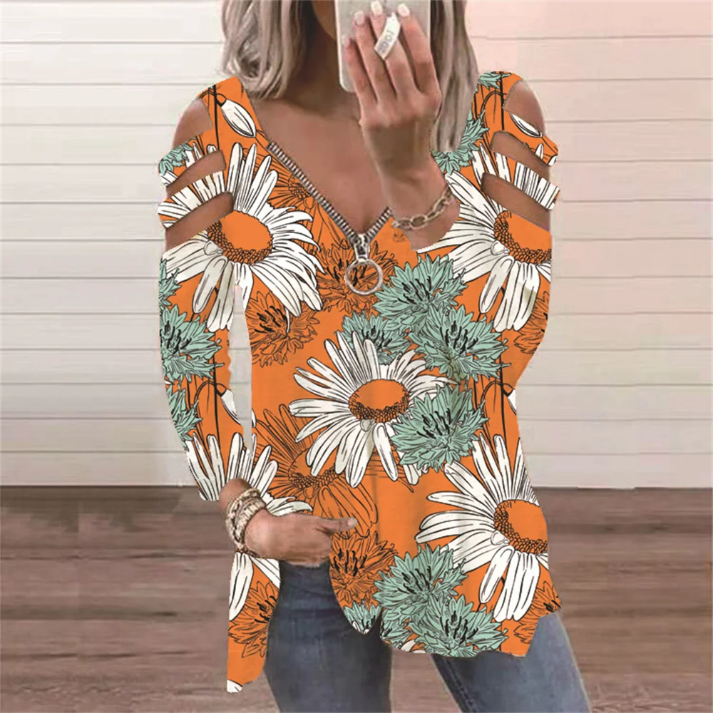 Купи Autumn Long Sleeve T Shirt Women V-Neck Off Shoulder Floral Print Cotton Zipper T-Shirts Ladies Tops Casual Loose Tees Top Femme за 541 рублей в магазине AliExpress