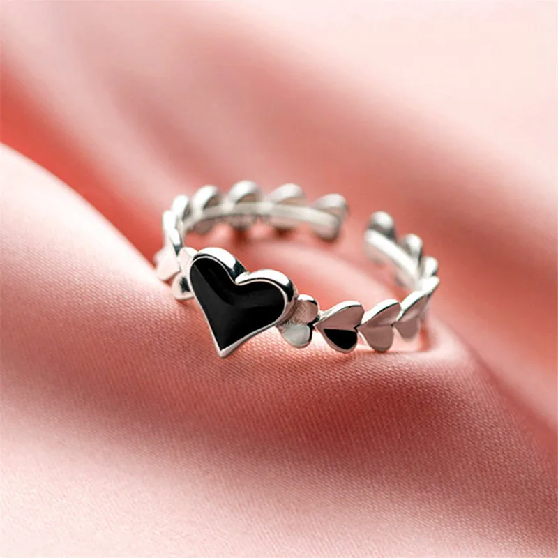 

YAOLOGE 925 Sterling Silver New Fashion Retro Trend Black Zircon Love Heart Opening Ring Jewelry Gift Couple Ring Wholesale